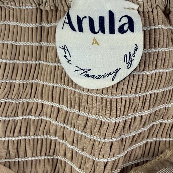 Arula Polka Dot Babydoll Mini Dress Size A 1X Tan Chiffon Long Sleeve - Picture 6 of 10